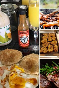 there are many different foods and drinks on the table together, including eggs, sausages, bread