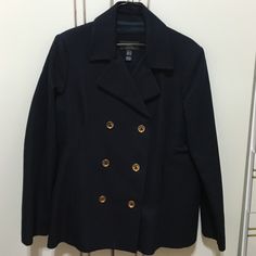 Navy Blue Jacket/Blazer With 3 Gold Colored Buttons On Each Side. Double Breasted. Simple Classic Blazer Jacket 100% Cotton. Never Worn, In Great Condition, Brand New. Shoulder To Bottom Of Sleeve 24-24.5 Inches. Side To Side Of Chest 19.5-20 Inches, From The Shoulder Down To The Bottom Of The Jacket About 28 Inches. This Great Classy Blazer / Jacket That Can Dress Up Jeans Or Just Keep The Classy Dressy Look Going, It’s A Great Piece For Any Look You’re Going For Reasonable Offers Considered Blue Long Sleeve Career Outerwear, Navy Peacoat For Workwear, Navy Peacoat For Work, Navy Long Peacoat For Work, Navy Long Sleeve Peacoat For Office, Spring Navy Peacoat For Office, Blue Buttoned Career Outerwear, Career Blue Buttoned Outerwear, Career Blue Outerwear With Buttons