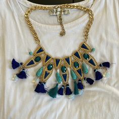 Beautiful Statement Necklace With Blue Stones, Jewels And Tassels With Adjustable Chain, Wear This Necklace With A White T-Shirt Or Dress, Or Be Creative And Pair It With A Pop Of Color Blue Necklace For Summer Parties, Blue Stones, Be Creative, White T Shirt, Blue Stone, White Tshirt, Shades Of Blue, Statement Pieces, Womens Jewelry Necklace