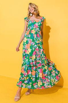 The PRETTY IN PARADISE FLORAL WOVEN MAXI DRESS offers an elegant look with its straight neckline, flutter sleeves, and smocked back bodice. The layered tiered skirt adds texture and flow, making it a perfect option for formal, day-time occasions. Details Self : 100% PolyesterLining : 100% Polyester Size & Fit - Model is 5`8" And Wearing Size Small- Measurements Taken From Size Small- Approx. Length: 56" Boho Green, Curvy Dress, Maxi Dress Green, Tiered Maxi Dress, Flowy Dress, Boho Floral, Dress Skirt, Floral Print, Cocktail Dress