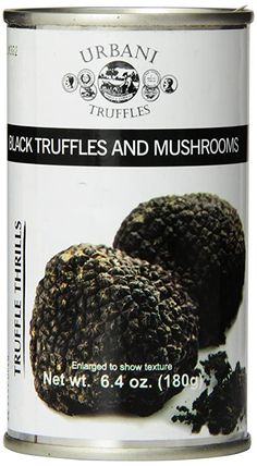 an open can of black truffles and mushrooms