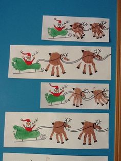 three pictures of reindeers pulling a sleigh with santa claus on it and snowmen in the background