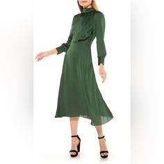 Never And Never Worn! Flowy Silk A-line Midi Dress, Feminine A-line Maxi Dress For Fall, Dressy A-line Midi Dress For Date Night, Fit And Flare A-line Midi Dress With Ruffles, Chic Silk A-line Dress For Work, Casual Fall A-line Midi Dress, Feminine Green A-line Midi Dress, A-line Silk Dress For Work, Evening A-line Midi Dress With Ruffles