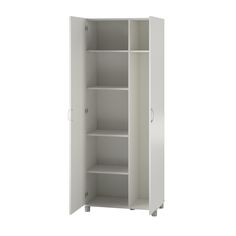 a white cabinet with shelves and wheels