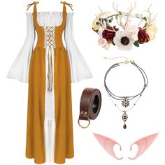 PRICES MAY VARY. 【Renaissance Dress Accessories Set】: This set includes 6 gorgeous accessories perfect for renaissance dresses. It features 2 wide ruffled dresses, a stunning flower crown, a pair of elf ears, a stylish layered necklace, and a high-quality leather belt. With this complete medieval women's costume and accessories set, you'll have everything you need to create a truly authentic and stunning look. 【High Quality Fabric】: Our Renaissance ruffle dresses are made of soft, breathable pol Forest Elf Costume, Medieval Costume Women, Dresses Medieval, Peasant Costume, Ruffled Dresses, Medieval Necklace, Elf Ear, Ruffle Dresses, Medieval Woman