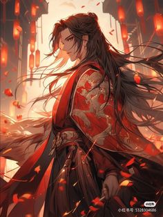 an anime character with long hair wearing a red and black outfit, standing in front of lanterns