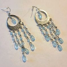 Boho Styled Earrings. Never Worn Blue Metal Beaded Dangle Earrings, Blue Metal Beaded Earrings For Pierced Ears, Blue Metal Dangle Hoop Earrings, Nickel-free Blue Metal Hoop Earrings, Blue Metal Earrings With Dangling Beads, Light Blue Dangle Earrings In Sterling Silver, Blue Crystal Metal Earrings For Pierced Ears, Light Blue Sterling Silver Dangle Earrings, Blue Metal Crystal Earrings