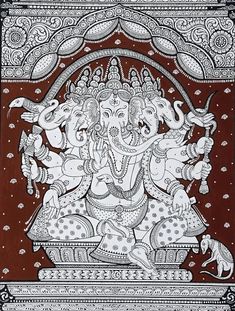 an intricately decorated ganesha with two elephants on it's back, in black and white