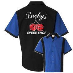 "Feeling lucky punk? You should when you wear this stylish screen-printed bowling shirt. Your friends will be green with envy when you sport this lucky number! FEATURES: 5.1 oz., 60/40 cotton/polyester twill Black hem sleeves and buttons, with Left chest pocket Square cut bottom hem FREE SHIPPING ALL PRINTS ON SHIRTS ARE MADE TO ORDER - NO RETURNS OR EXCHANGES ON PRINTED SHIRTS Looking for a different logo or bowling shirt style? Check out our Etsy page in our \"Bowling Shirts\" section, we offe Black Retro Top For Game Day, Retro Bowling Shirts, Custom Bowling Shirts, Retro Bowling, Retro 2, Feeling Lucky, Bowling Shirt, Green With Envy, Embroidered Name