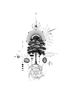 a black and white drawing of a tree surrounded by other things in the background,