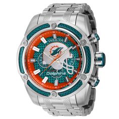 Cheer on your favorite team to victory with this Invicta NFL Pro Diver watch! Your team’s logo takes center stage atop a striking glass fiber dial in one of their iconic colors. Three chronograph subdials keep tabs on your schedule, so you’ll be ready to meet the competition head-on. Whether you’re watching the game on your couch or at the stadium, a textured stainless steel bracelet keeps your new watch secure no matter how hard you cheer! Silver Sports Chronograph Watch, Silver Sports Watch With Chronograph, Silver Chronograph Sports Watch, Sporty Chronograph Watch With Subdials For Sports, Football Spirit, Diver Watch, Nfl Teams Logos, Invicta Watches, American Sports