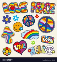 the word love peace surrounded by various colorful stickers