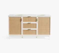 the sideboard with two drawers is made out of rattan and white painted wood