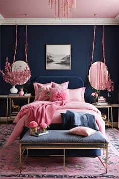 a bedroom with blue walls and pink bedding, chandelier hanging from the ceiling