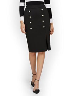 Pleated Stripe Midi Skirt | New York & Company Chic Buttoned Skirt For Workwear, Chic Workwear Skirt With Buttons, Chic Buttoned Pencil Skirt For Work, Chic Pencil Skirt With Buttons For Workwear, Chic Workwear Pencil Skirt With Buttons, Chic Workwear Skirt With Button Zip Fly, Chic Buttoned Pencil Skirt For Spring, Chic Spring Pencil Skirt With Buttons, Chic Fitted Skirt With Button Cuffs