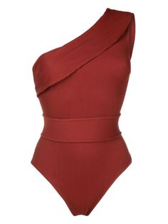 terracotta brown stretch-design ribbed knit one-shoulder sleeveless slip-on style Be mindful to try on swimwear over your own garments. Fitted Ribbed One Shoulder Top For Summer, Swimsuit Brown, Bathing Beauty, Swimming Suits, Be Mindful, Favorite Products, Honey Bee, Try On, Beach Outfit