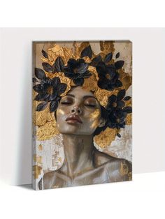 a painting with gold leaves on it and a woman's face in the background