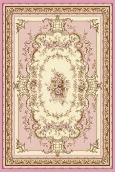 a pink and gold rug with an ornate design on the center, surrounded by flowers