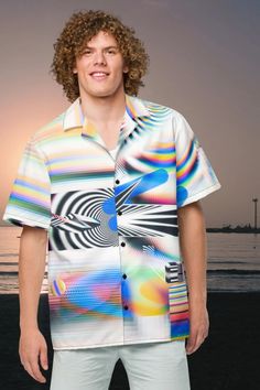 Psychedelic Button up Shirt Techno Vibrant Button Down Shirt Holographic Futuristic Tee Office Streetwear Shirt - Etsy Slovakia Spring Button-up Camp Shirt For Streetwear, Graphic Print Button-up Vacation Shirt, Multicolor Camp Collar Shirt For Spring, Multicolor Relaxed Fit Camp Shirt For Spring, Multicolor Collared Camp Shirt For Spring, Spring Multicolor Collared Camp Shirt, Multicolor Graphic Print Shirt For Spring, Spring Graphic Print Shirt With Camp Collar, Spring Multicolor Shirt With Graphic Print