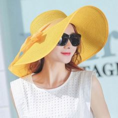 [$2.85]Women Summer Hats Foldable Wide Large Brim Beach Sun Straw Cap Elegant Hats Caps, Color:YELLOW(M) Ladies Hats Casual, Summer Hats Beach, Wide Brim Straw Hat