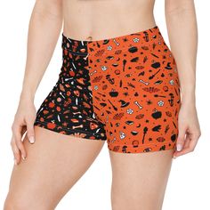 These shorts were made to handle heat like champs thanks to their moisture-wicking fabric. Made with 95% Polyester and 5% Spandex, they balance perfectly between comfy and stretchy while remaining super soft to the touch. Each pair comes with white seam color and features a two-toned black and orange witchy all-over print, custom-designed by Moons & Monsters. Black And Orange, Skorts, Moisture Wicking Fabric, Women's Shorts, Short Outfits, Moisture Wicking, Two Tone, Spandex, Couture