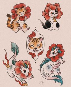 some tattoos with animals on them and flowers in the middle one has an orange flower