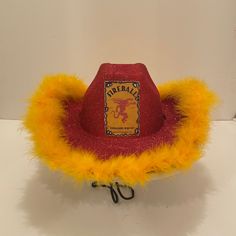 Themed Carnival Festival Hats, Fireball Hat, Fireball Birthday, Fireball Costume, Sparkle Cowboy Hat, Alcohol Halloween Costumes, Custom Cowboy Hats, Halloween Inspo, Hat Ideas