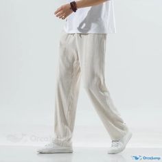 OrcaJump - Cotton Linen Casual Trousers: Retro and Fashionable Wide-legged Harem Pants Casual Relaxed Fit Sweatpants For Beach, Loose Fit Leisure Pants, Casual Harem Pants For The Beach, Casual Wide Leg Harem Pants For Leisure, Casual White Non-stretch Harem Pants, Casual Beach Harem Pants, White Full-length Leisure Pants, Casual Summer Harem Pants For Leisure, Casual Stretch Pants For Beach