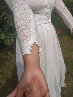 "Vintage 70s wedding gown. Long sleeve lace wedding dress. Stand up collar, front buttoned up, two layers. Seems like home made or tailored. S/M size. From shoulder to shoulder 16\" 41cm Bust 34\" 86cm Waist 28\" 71cm Sleeve length 20\" 51cm Length in front 59\" back 61\"" Wedding Gown Long Sleeve, Vintage 70s Wedding, Long Sleeve Lace Wedding Dress, Sleeve Lace Wedding Dress, Gown Long Sleeve, 70s Wedding, Cotton Nightgown, Long Sleeve Wedding Dress Lace, Dirndl Dress