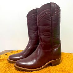 Roper Cowboy Boots Hand-Made In Central America Nicaragua Fits A Womens Size 9 Brown And Burgundy Leather Boots With A Western Style #Westernboots Western Burgundy Boots With Round Toe, Red Round Toe Heeled Boots For Rodeo, Red Leather Heeled Boots For Rodeo, Western Style Burgundy Boots With Round Toe, Red Leather Boots For Ranch, Classic Red Snip Toe Boots, Classic Boots With Red Sole And Round Toe, Classic Red Boots With Reinforced Heel, Red Boots With Rubber Sole And Plain Toe