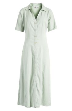 Coming in an airy linen woven with Lenzing™ EcoVero™ viscose, this shirtdress has a point collar and oversized short sleeves. Designed with a body-skimming fit, this midi has buttons along the front for easy on-and-off. 50 1/2" length (size 8) Front button closure Point collar Short sleeves Unlined 55% linen, 45% Lenzing™ EcoVero™ viscose Lenzing™ EcoVero™ viscose is a sustainably produced fiber using pulp made from renewable wood sources and certified with the EU Ecolabel for high environmental Collared Viscose Shirt Dress For Daywear, Summer Viscose Midi Shirt Dress, Summer Rayon Button-up Shirt Dress, Summer Button-up Rayon Shirt Dress, Summer Midi Length Shirt Dress With Placket, Summer Shirt Dress With Relaxed Fit And Collared Neckline, Summer Shirt Dress With Collared Neckline, Summer Shirt Dress With Collared Neckline And Button Closure, Relaxed Fit Shirt Dress With Collared Neckline For Summer