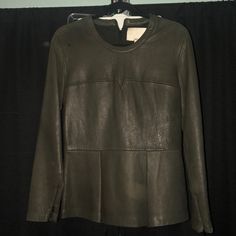 Peplum Real Leather Long Sleeve Fitted Blouse In Brown Size 8 Elegant Leather Tops For Work, Elegant Leather Tops For Office, Elegant Leather Formal Tops, Elegant Leather Tops For Formal Occasions, Elegant Formal Leather Tops, Leather Tops For Office In Fall, Fitted Leather Long Sleeve Tops, Leather Top For Office In Fall, Fitted Long Sleeve Leather Top