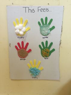 this is an image of handprints on a bulletin board