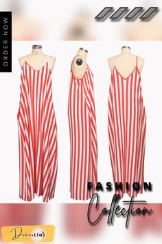 Casual Loose Striped Print Sleeveless V-neck Dress V-neck Sundress For Day Out, Chic Summer Maxi V-neck Dress, Red V-neck Dress For Spring Vacation, Chic V-neck Summer Dress For Vacation, Chic V-neck Spaghetti Strap Beach Dress, Chic Spaghetti Strap V-neck Beach Dress, Chic V-neck Sundress For Spring, White V-neck Maxi Dress For Summer, Lined V-neck Beach Dress