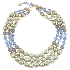 Three strand graduated necklace of faux baroque pearls and pale blue cut crystal beads. Shortest strand is 16" to 18.5" in length. Vendome Jewelry, Month Gemstones, Necklaces Beaded, Blue Crystal Necklace, Graduation Necklace, Cultured Pearl Necklace, Baroque Pearl Necklace, Gold Bead Necklace, Pretty Colors