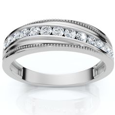 a white gold wedding band with round cut diamonds