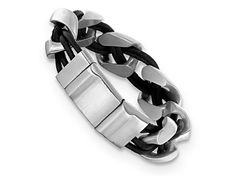 Stainless steel and black braided leather adjustable bracelet with brushed finish and magnetic clasp. Measures approximately 8 1/2" to 9 1/4"L x 13/16"W. Adjustable Modern Gunmetal Jewelry, Modern Adjustable Gunmetal Jewelry, Adjustable Silver Leather Bracelet With Magnetic Closure, Modern Adjustable Jewelry With Black Band, Adjustable Gunmetal Bracelets With Stainless Steel Clasp, Modern Metal Jewelry With Black Band, Modern Black Braided Bracelets, Casual Durable Silver Jewelry, Casual Black Braided Jewelry