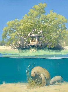 two animals are swimming in the water near an island with a house on it's side