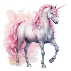 a watercolor painting of a unicorn with pink manes and tail, standing on its hind legs