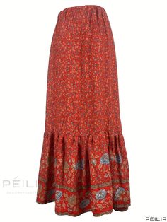 Peilia - Womens High-Waisted Bohemian Skirt - Perfect for Casual Summer and Spring, Ideal for Vacation Wardrobe Summer Bohemian Skirt, Fitted Bohemian Maxi Skirt With Elastic Waistband, Bohemian Red Flared Skirt Bottoms, Peasant Beach Skirt, Bohemian Red Flared Skirt, Red Bohemian Relaxed Skirt, Bohemian Skirt, Vacation Wardrobe, Boho Fabric