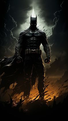 the dark knight in batman's costume standing on a stormy night with lightning behind him