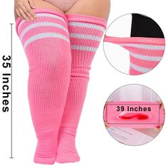 Plus Size Thigh High Socks Striped- Pink & White High Stretch Footless Winter Hosiery, High Stretch Footless Hosiery For Winter, Trendy Pink Knee-high Socks For Winter, Thick Stretch Casual Leg Warmers, Casual Thick Stretch Leg Warmers, Fall Season Pink Stretch Knee-high Socks, Trendy Pink Knee-high Leg Warmers, Fitted Pink Knee-high Socks For Fall, Pink Knee-high Leg Warmers For Winter