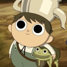 a cartoon character holding a frog in front of him