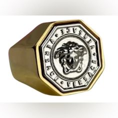 Versace Medusa Mens Ring Brand New 55mm Size 8 Gold Plated Made In Italy Luxury Silver Signet Ring With Vs Clarity, Luxury Silver Signet Ring, Versace Gold, Versace Accessories, Mens Ring, Mens Accessories Jewelry, Silver Gold, Versace, Rings For Men