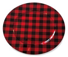 a red and black buffalo plaid plate