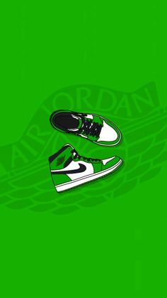 two shoes are shown on a green background with the word jordan in black and white