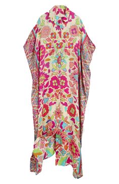 Hit the beach or kick it poolside in this flowy kaftan that features an allover floral pattern, kimono-inspired sleeves and an uneven hem. Johnny collar Kimono-inspired sleeves 100% viscose Hand wash, line dry Imported Floral Print Flowy Maxi Cover-up, Patterned Kaftan For Summer Beach Cover-up, Printed Flowy Kaftan For Beach Cover-up, Multicolor Print Kimono For Spring Beach Cover-up, Pink Floral Print Kimono For Beach Cover-up, V-neck Floral Print Tunic For Beach Cover-up, Silk V-neck Kaftan For Beachwear, Vibrant Print V-neck Kaftan For Beachwear, Printed Tunic Cover-up For Spring