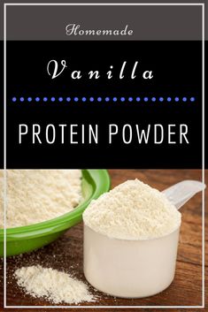 vanilla protein powder in a green bowl next to a measuring spoon on a wooden table