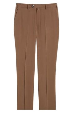 Stand tall in these polished trousers punctuated by welt pockets on the back and crisp creases down the legs. 37" inseam; 14" leg opening; 10" front rise; 14 1/2" back rise (size 32) 93% viscose, 7% polyester Dry clean Imported Tailored Straight Hem Brown Bottoms, Brown Slim Fit Pants For Work, Brown Tailored Bottoms With Straight Hem, Elegant Tapered Leg Viscose Bottoms, Elegant Viscose Tapered Leg Bottoms, Stretch Flat Front Pants For Workwear, Brown Dress Pants With Pressed Crease For Work, Brown Straight Hem Dress Pants For Business Casual, Tailored Brown Pants With Straight Hem