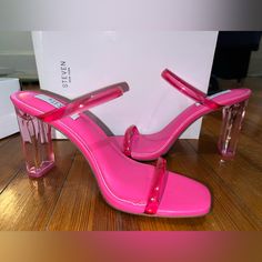 Beautiful Hot Pink Steven By Steve Madden Jercy Women’s Sandals Size 8 New With Tags And Never Worn Before! These Are An Absolute Gem And Immediately Caught My Eye When I Was Shopping Online, But Unfortunately They Don’t Fit My Feet Right. Trendy Pink Open Toe Heels, Trendy Sandals With Contrasting Heel Counter, Trendy Sandals With Ankle Strap And Contrasting Heel, Trendy Sandals With Block Heel, Trendy Pink Block Heel Sandals, Pink Open Heel Sandals For Night Out, Pink Sandals With Wrapped Heel For Night Out, Casual Sandals With Heel Strap For Party, Casual Party Sandals With Heel Strap